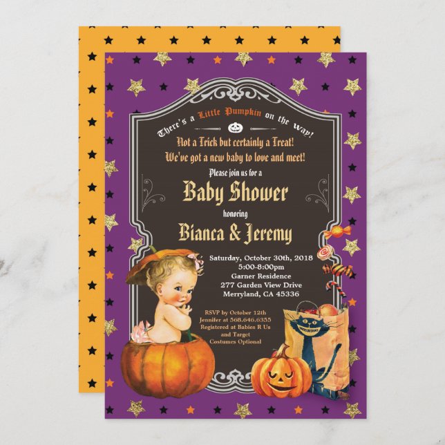 Halloween baby girl couples shower purple gold invitation (Front/Back)