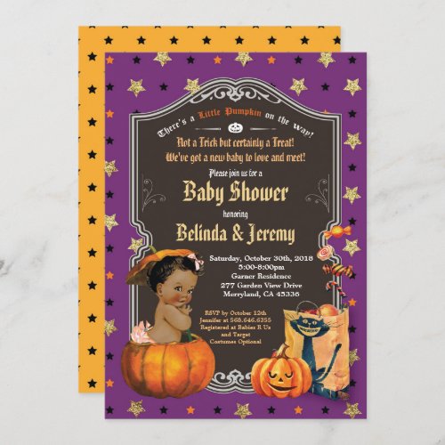 Halloween baby girl shower little pumpkin purple invitation