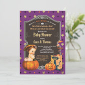 Halloween baby girl shower purple gold orange invitation (Standing Front)