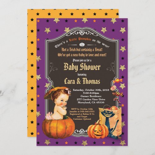 Halloween baby girl shower purple gold orange invitation