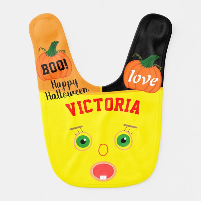 Halloween Baby Green Eyes Pumpkins Name Baby Bib (Front)