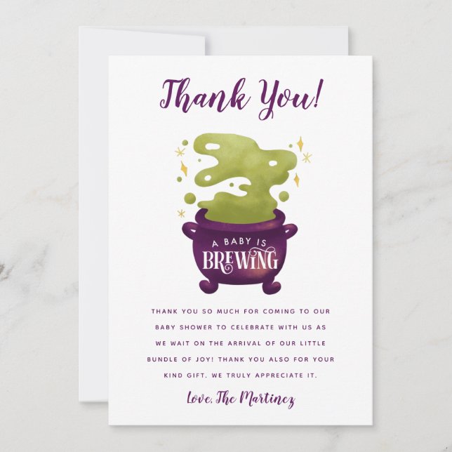 Halloween Baby Is Brewing Cauldron Baby Shower Thank You Card (Front)