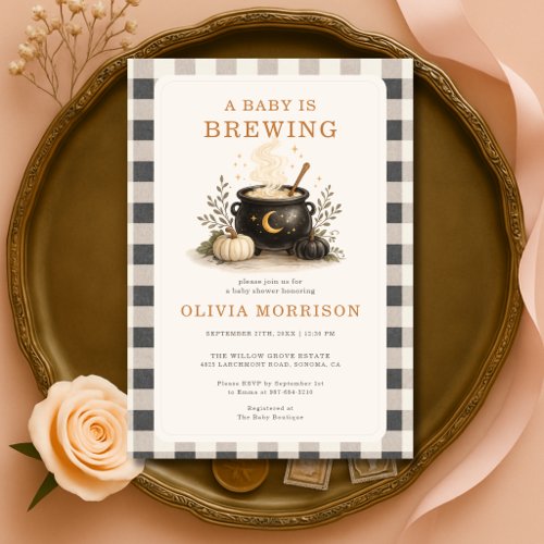Halloween Baby is Brewing Gingham Baby Shower Invitation