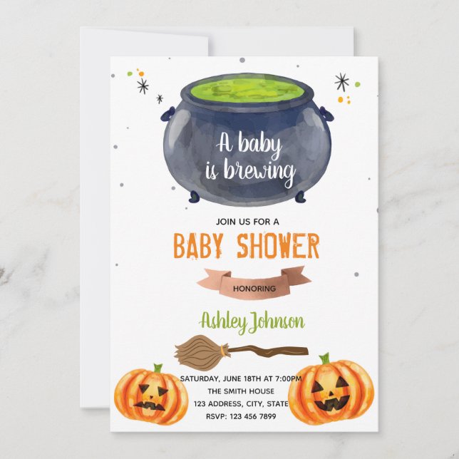Halloween baby is brewing invitation (Front)