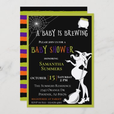 Halloween Baby is Brewing Witch Baby Shower Invitation