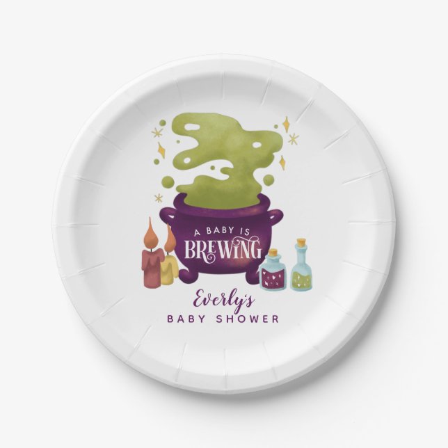 Halloween Baby Is Brewing Witch Baby Shower Paper Plates (Front)