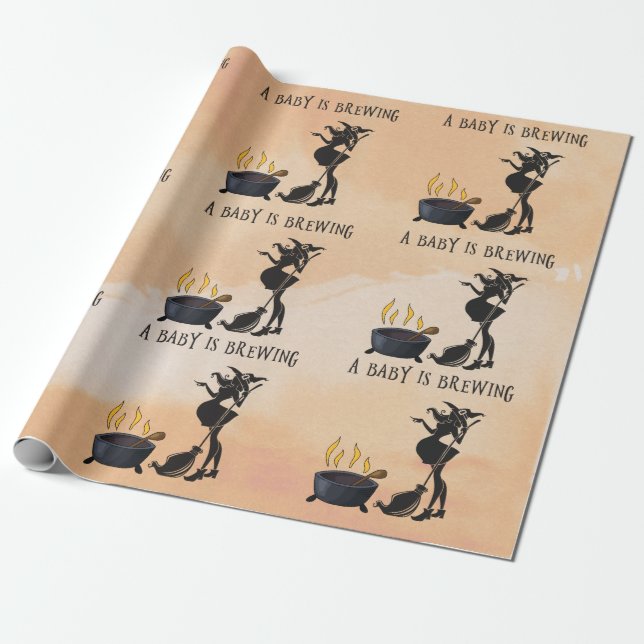 Halloween Baby Is Brewing Witch Shower Orange Wrapping Paper (Unrolled)