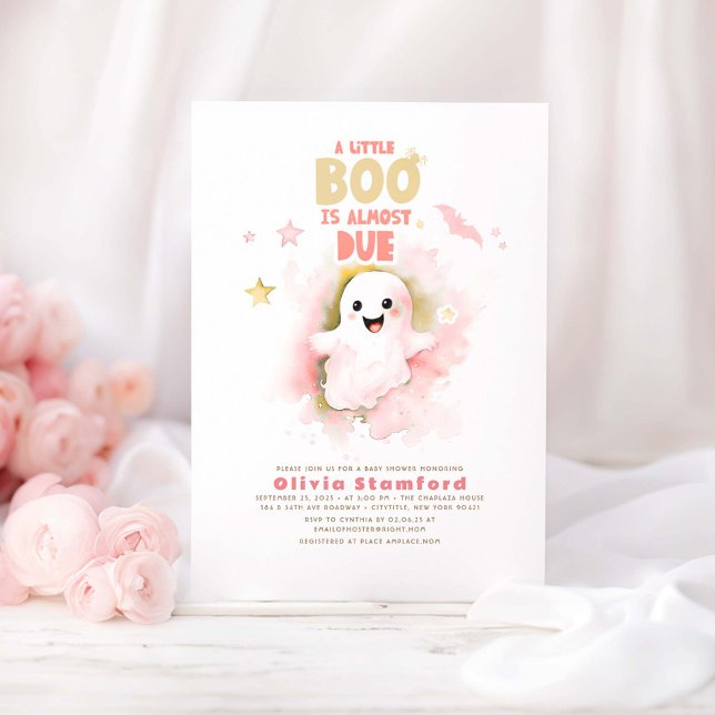 Halloween Baby Shower A Little Pink Baby BOO Invitation (Little Boo Ghost Halloween Baby Shower Invitations)
