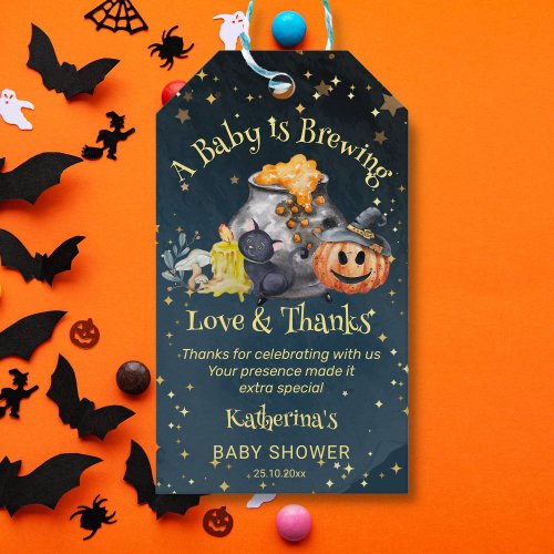 Halloween baby shower baby is brewing favor gift tags