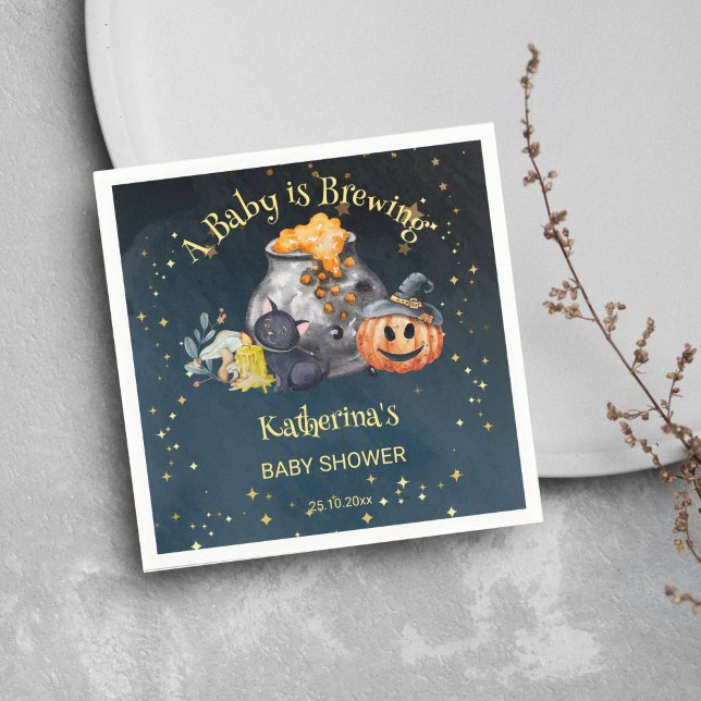 Halloween baby shower baby is brewing napkins (Halloween baby is brewing baby shower tableware personalized napkins starry night brewing pot pumpki)