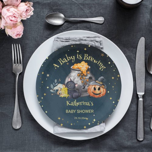 Halloween baby shower baby is brewing paper plates