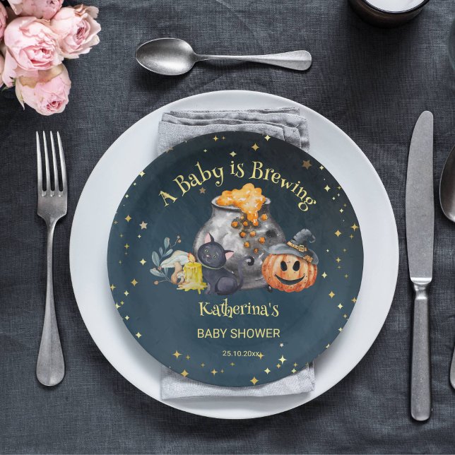 Halloween baby shower baby is brewing paper plates (A baby is brewing Halloween baby shower tableware personalized party plates starry night brewing pot)