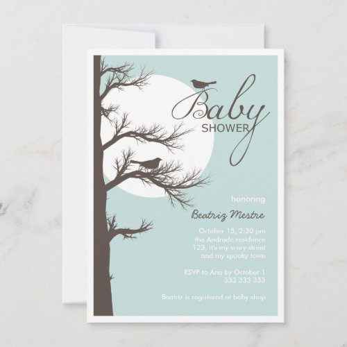 Halloween Baby Shower Blue Brown Bird Tree Moon Personalized Invitations