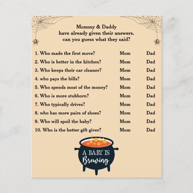 Halloween Baby Shower Game Guess Who Mom or Dad (Front)