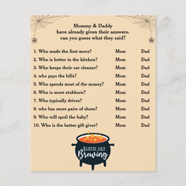 Halloween Baby Shower Game Guess Who Mom or Dad (Front)