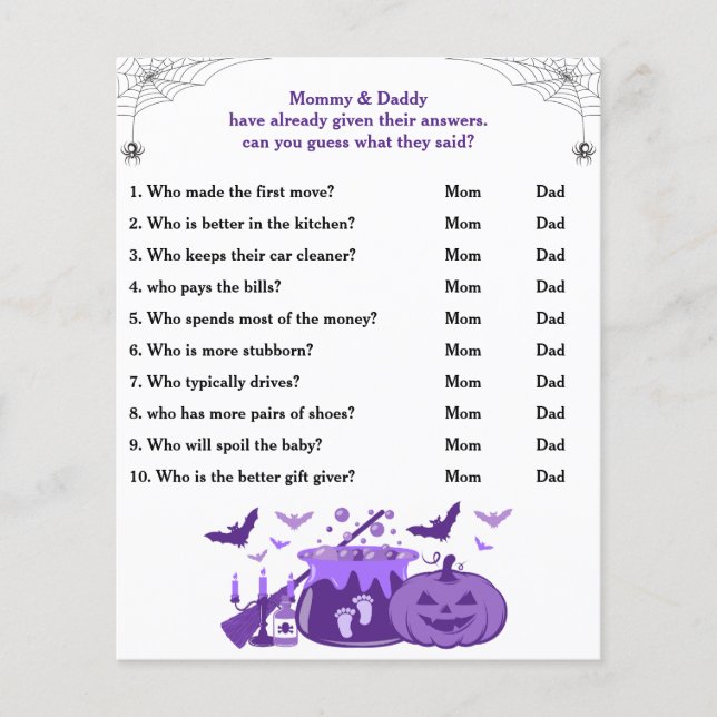 Halloween Baby Shower Game Guess Who Mom or Dad (Front)