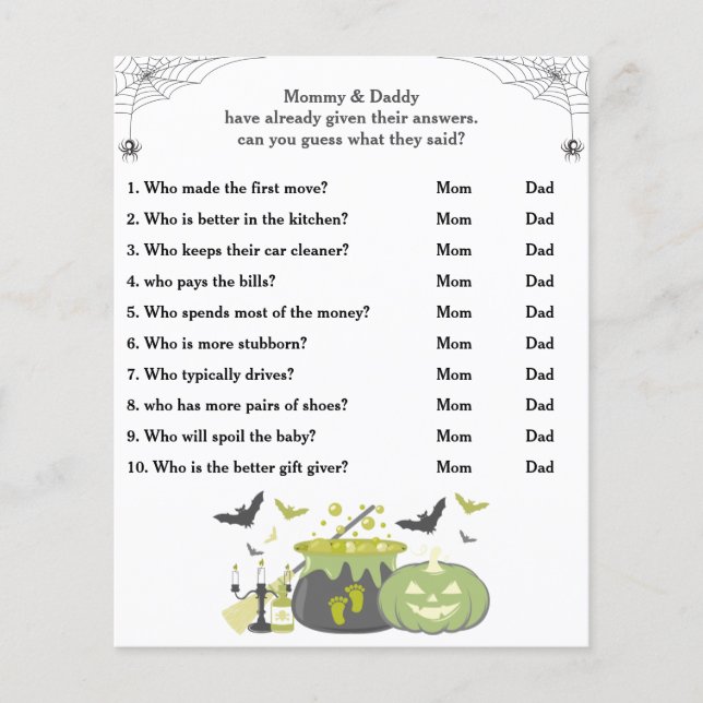 Halloween Baby Shower Game Guess Who Mom or Dad (Front)