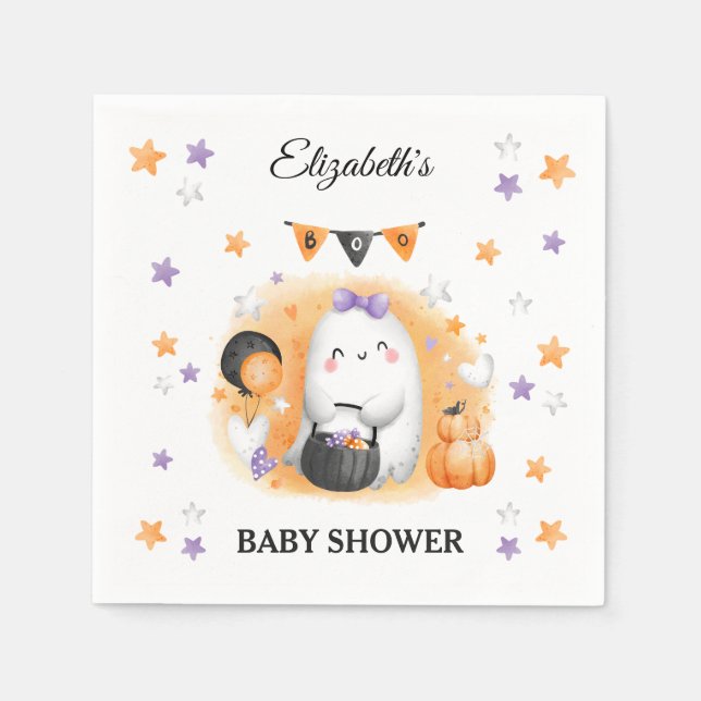 Halloween Baby Shower Girl Cute Ghost Orange Napkins (Front)