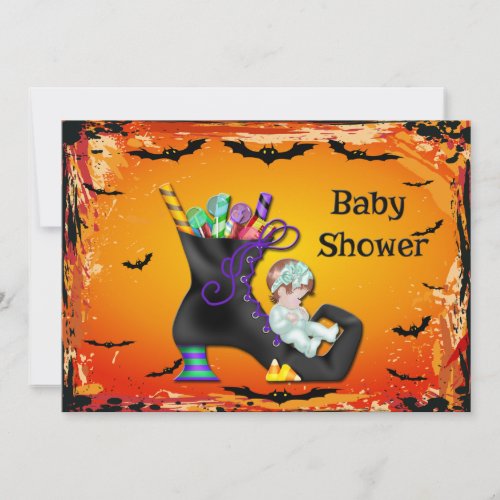 Halloween Baby Shower Girl on Candy Witch Boot Invitation