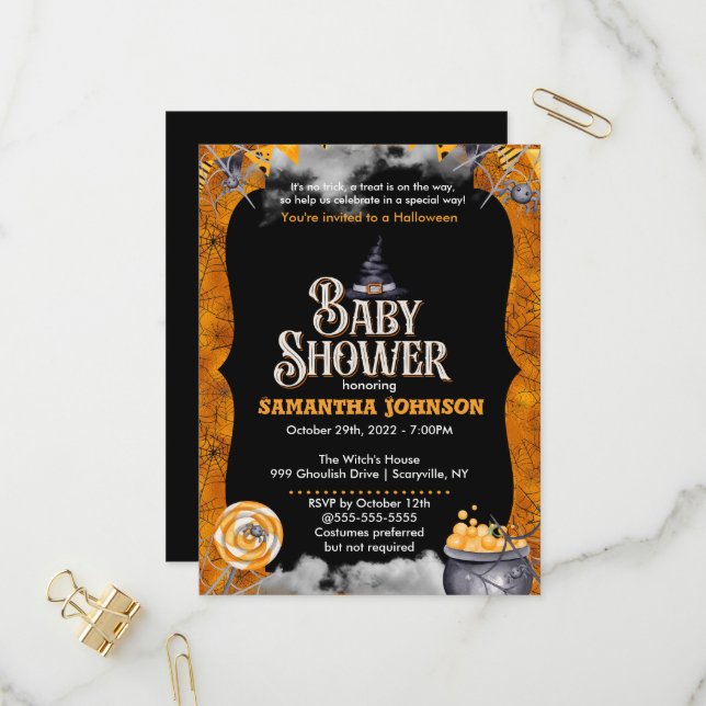 Halloween Baby Shower Invitation Postcard (Front/Back In Situ)