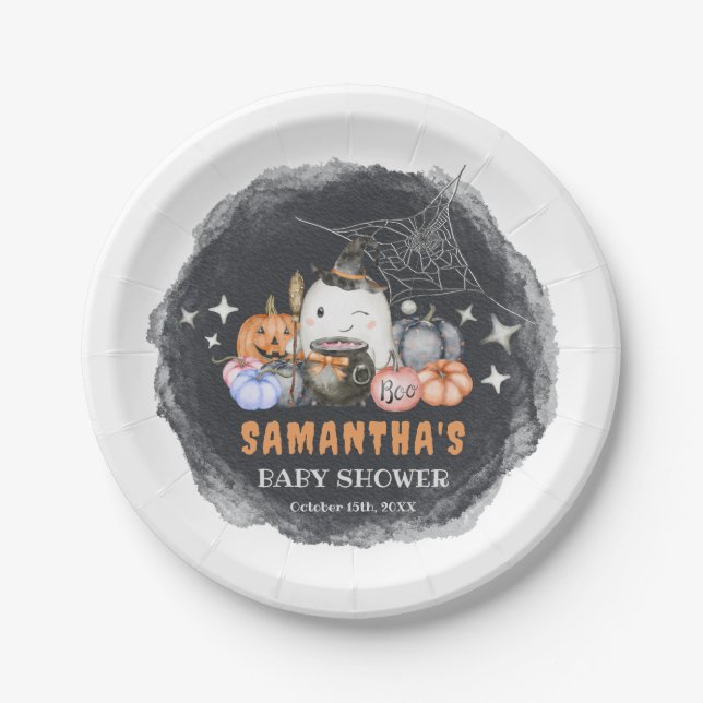 Halloween Baby Shower Little Boo Pumpkin Paper Plates (Front)