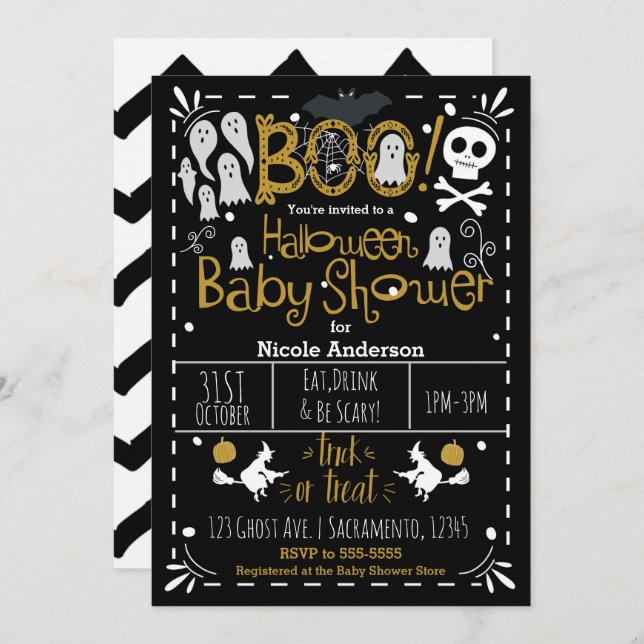 Halloween Baby Shower Modern Whimsical Hand Drawn Invitation (Front/Back)