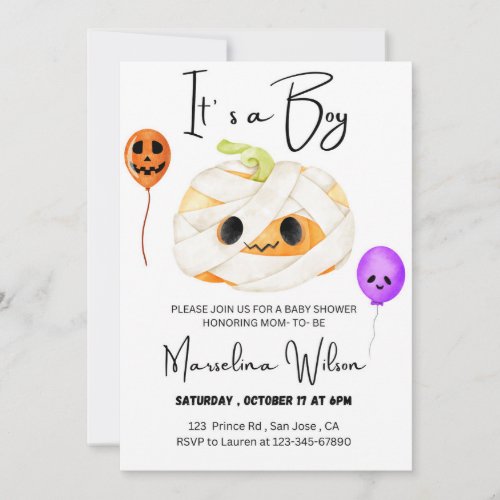 Halloween baby shower party invitation mummy pumpk