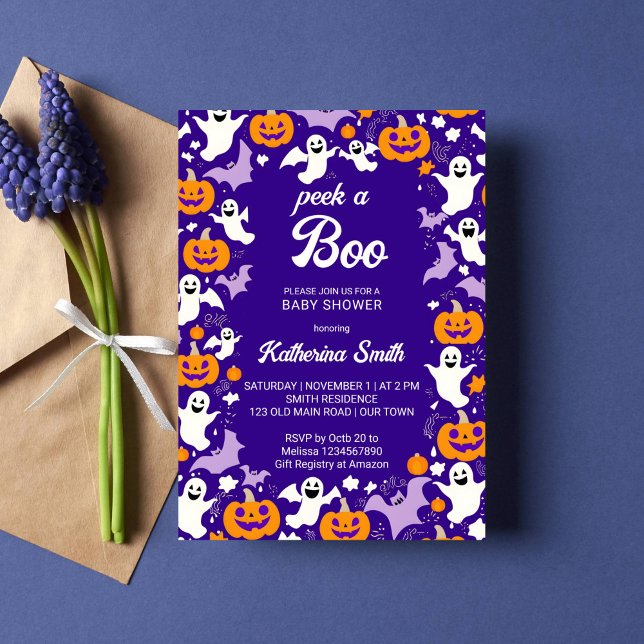 Halloween baby shower peek a boo cute baby ghost  invitation (Peek a boo Halloween baby shower template invitation cute baby ghosts pumpkins bats purple orange)