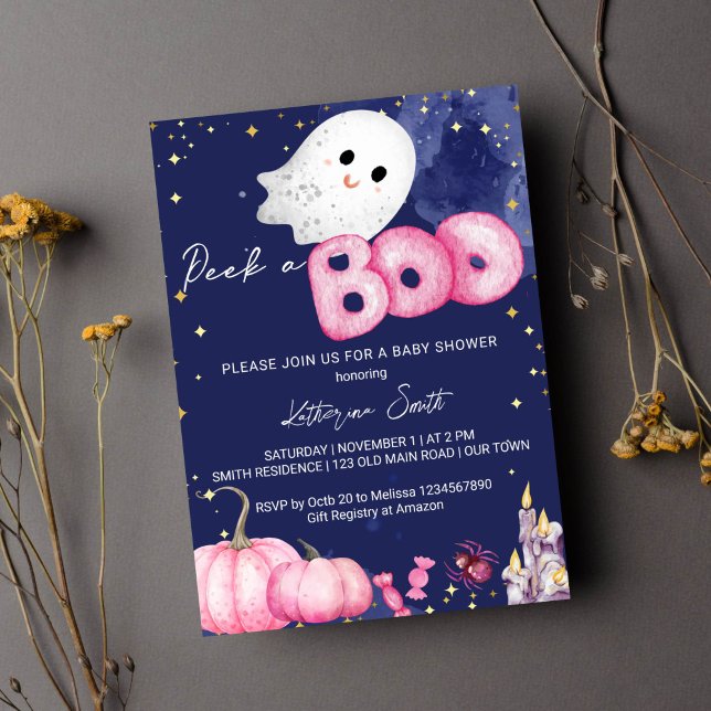 Halloween baby shower peek a boo cute baby ghost  invitation (Peek a boo Halloween girl baby shower pink pumpkin cute ghost starry blue background )
