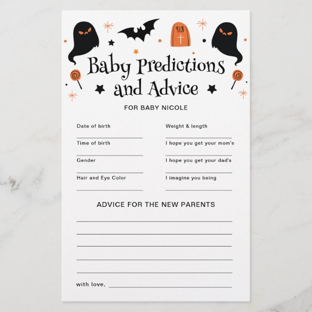 Halloween Baby Shower Predictions Advice Game (Front)