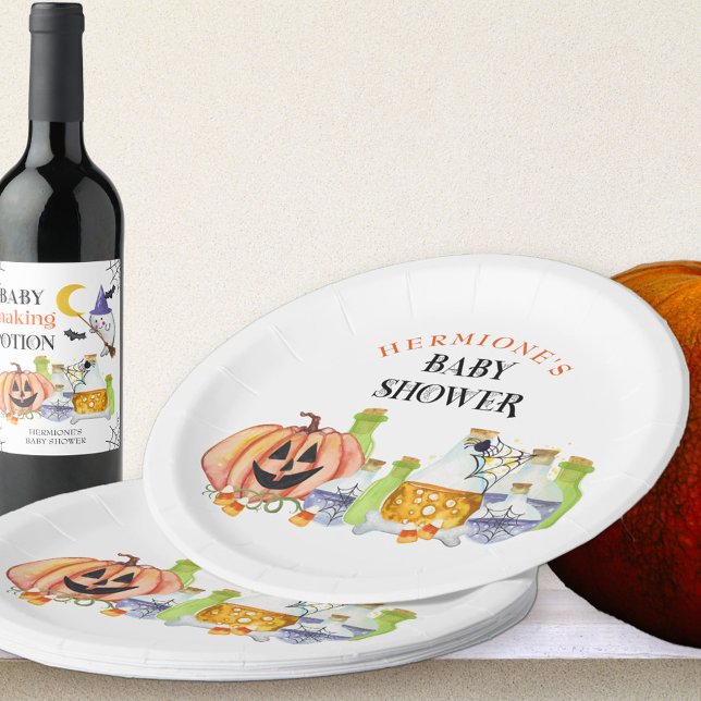 Halloween Baby Shower Pumpkin and Potions Paper Plates (Halloween Baby Shower paper plates with cute pumpkin and magic baby making potions)