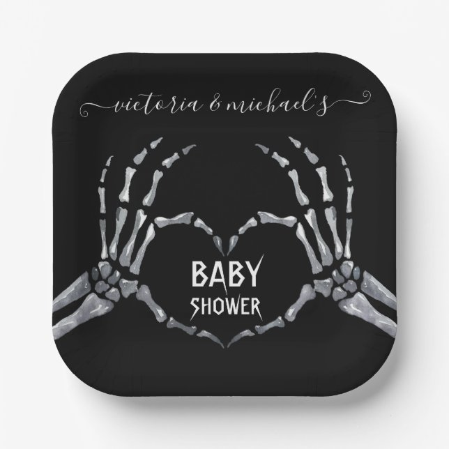 Halloween Baby Shower Skeleton Hands Heart Paper Plates (Front)
