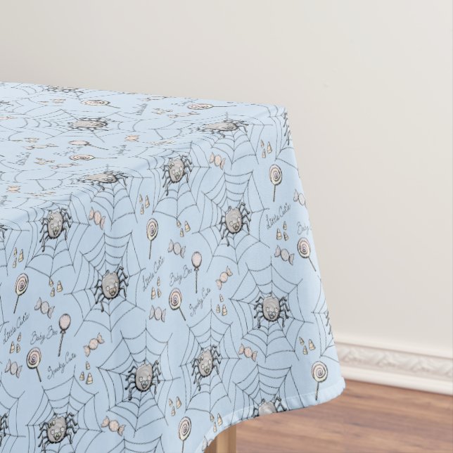 Halloween Baby Shower Spiders and Webs Blue Tablecloth (In Situ)