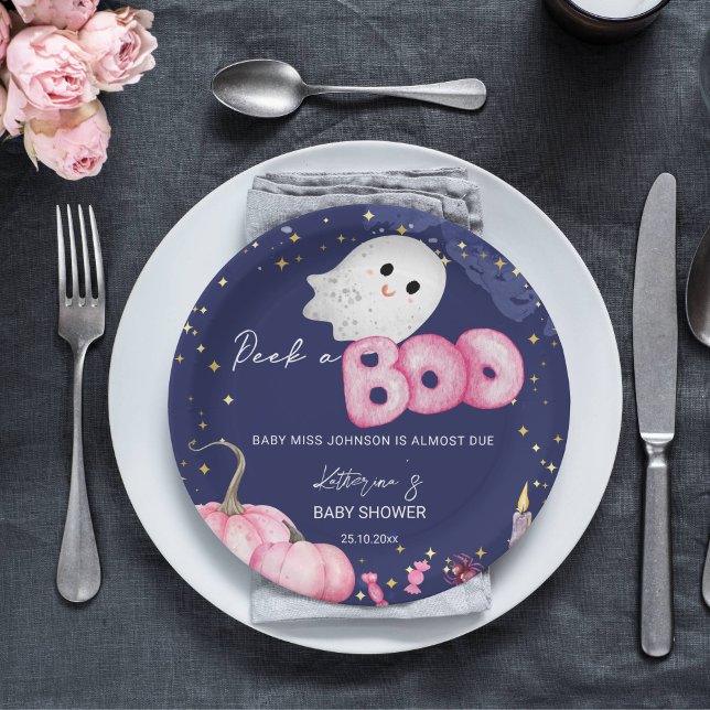 Halloween baby shower tableware cute peek a boo paper plates (Halloween peek a boo baby shower tableware personalized plates cute pink baby ghost starry night)