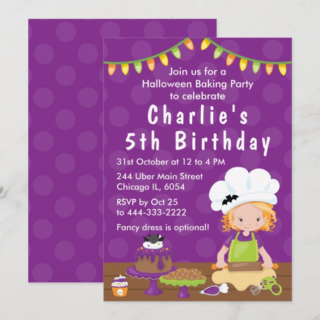 Halloween Baking Birthday Red Hair Girl Invitation (Front/Back)