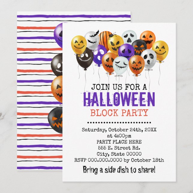 Halloween balloons neighborhood block party invitation (Front/Back)