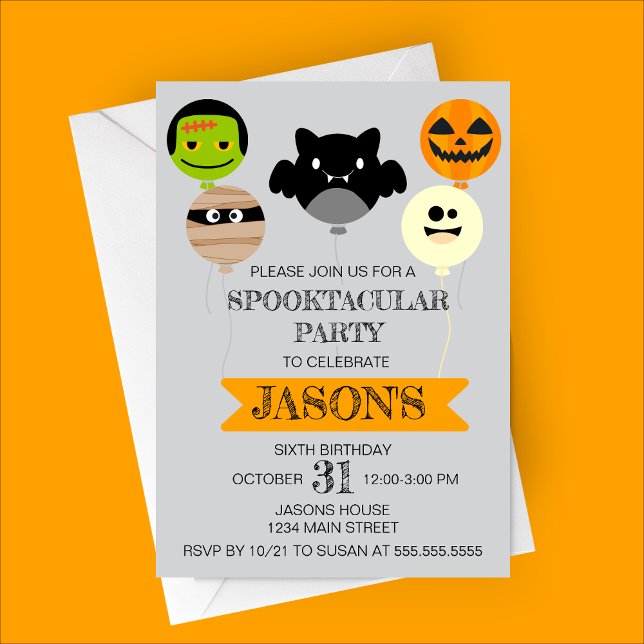 Halloween Balloons Playful Birthday Party Invitation (Halloween Balloons Birthday Party Invitation | Zombie, Bat, Mummy, Pumpkin, Ghost Balloons)