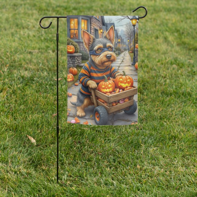 Halloween Bandit Lakeland Terrier with Candy Wagon Garden Flag (In SItu)