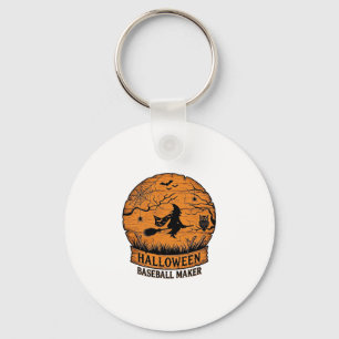 Halloween Baseball Maker Flying Witch Wooden Moon Keychain
