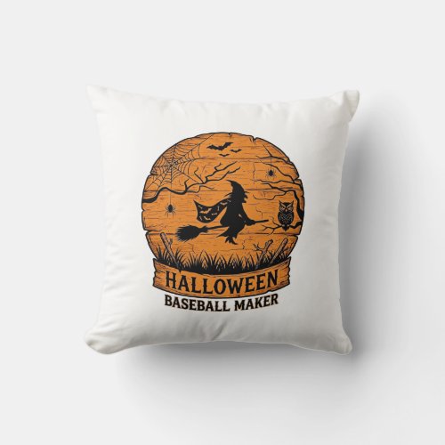 Halloween Baseball Maker Flying Witch Wooden Moon Throw Pillow
