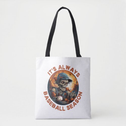 Halloween baseball player skeleton scary home run tote bag