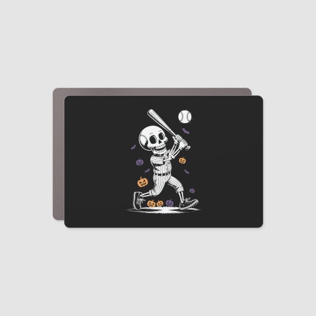 Halloween Baseball Skeleton Hitting Car Magnet (Front)