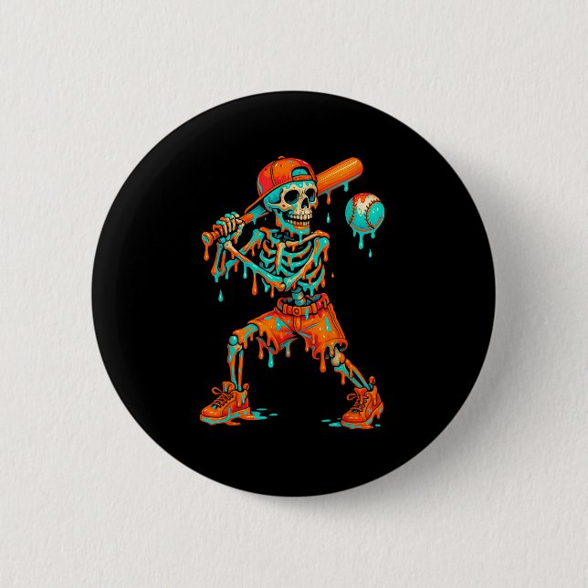 Halloween Baseball Skeleton Ice Cream Drip Basebal Button (Front)