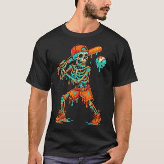 Halloween Baseball Skeleton Ice Cream Drip T-Shirt