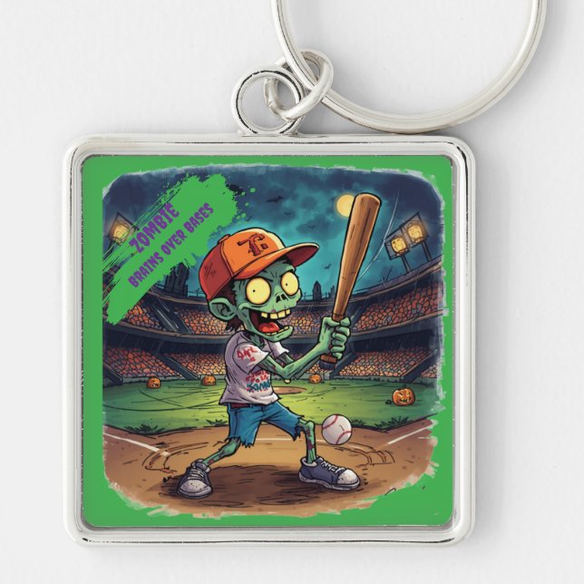 Halloween Baseball, Zombie,Brains Over Bases  Keychain (Front)