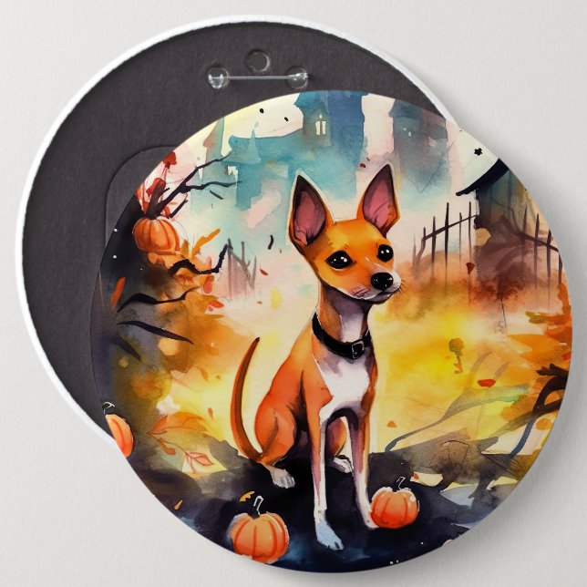 Halloween Basenji With Pumpkins Scary  Button (Front & Back)