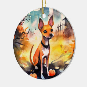 Halloween Basenji With Pumpkins Scary Ceramic Ornament