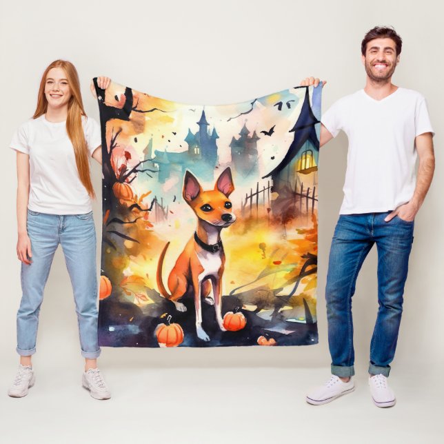 Halloween Basenji With Pumpkins Scary  Fleece Blanket (In Situ)