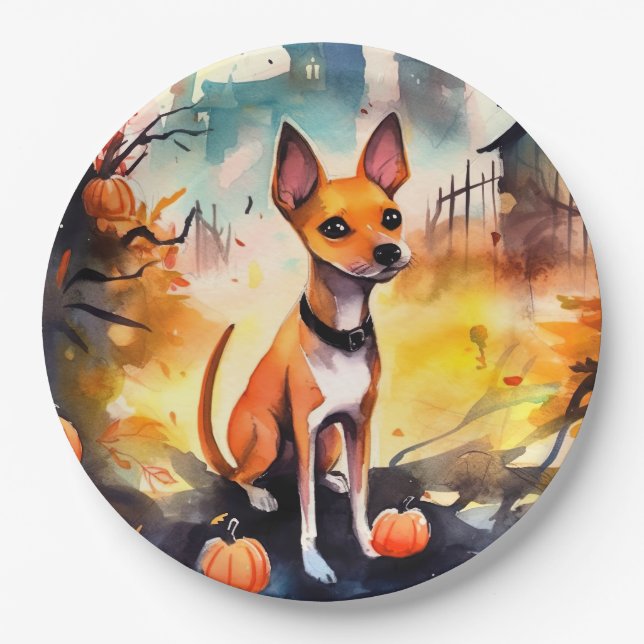 Halloween Basenji With Pumpkins Scary  Paper Plates (Front)