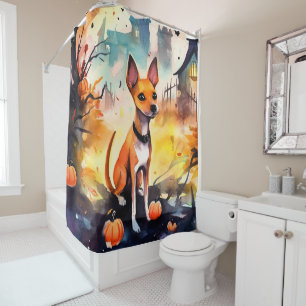 Halloween Basenji With Pumpkins Scary  Shower Curtain